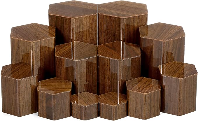 Jetec 12 Pcs Hexagonal Jewelry Display Risers Acrylic Stands,Brown | 6 Size, Hexagonal Market Display Risers, Acrylic Showcase for Jewelry, Model, Figures Organize Decoration, Table Stand by Jetec