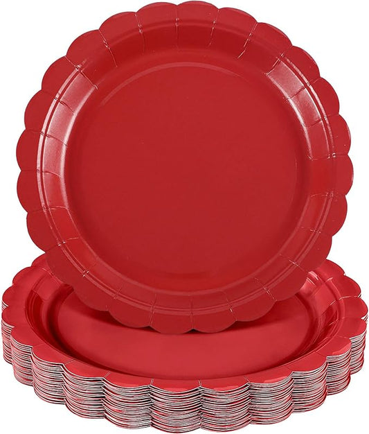 30 Pcs Red Paper Plates 9 Inch Scalloped Valentines Plates Disposable Red Dessert Dinner Plate Cute Party Plates for Birthday, Christmas, Picnic