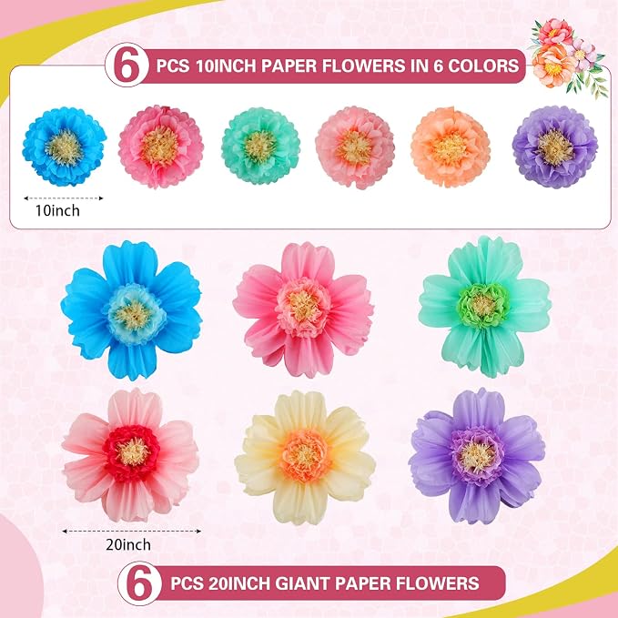 Crowye 24 Pcs Large Tissue Paper Flower Decor,10'' 20'',Colorful | Giant Craft Crepe Paper Flower, Colorful, for Wall Decorations Backdrop Mexican Wedding Birthday Carnival School Party - Image 2