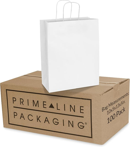 Prime Line Packaging White Gift Bags, Shopping Gift Bags Medium with Handles for Small Business, Boutiques, Retail, Merchandise, Favors, Bulk, 10x5x13, 100 Pack by PrimeLinePackaging