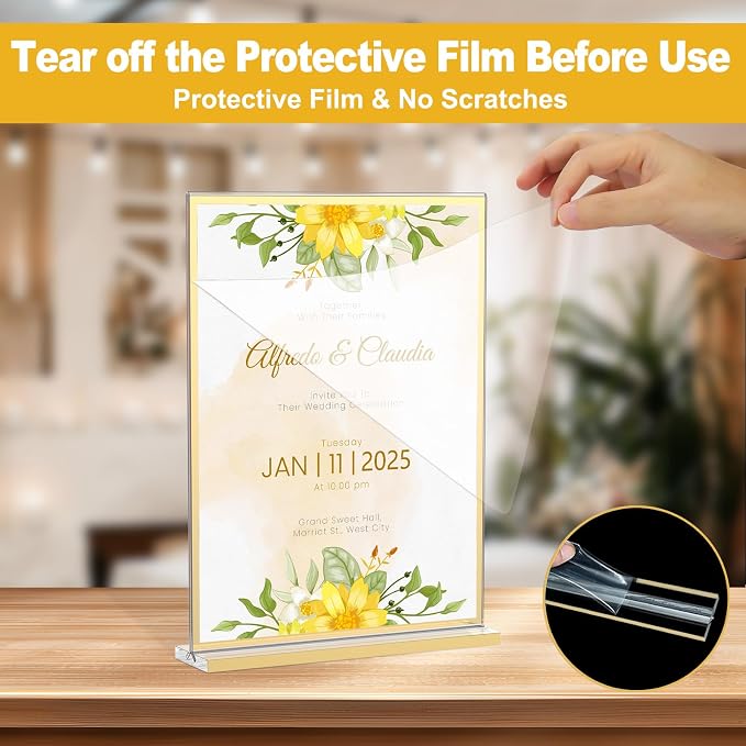 EHWINE 16 Pack Acrylic Sign Holder 8.5 x 11, Double-Sided Tabletop Gold Sign Holder, Clear Acrylic Picture Frame Menu Flyer Paper Holder Display Stand for Home Wedding Party (with Non-Slip Pads) - Image 3