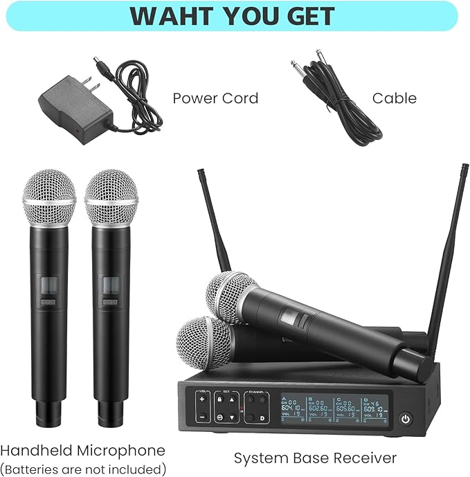 Wireless Microphone System, 4x50 Channels Cordless Handheld Microphones, 200FT UHF Range, Mics with Stable Signal Transmission for Karaoke Singing Party Church Wedding PA Speaker