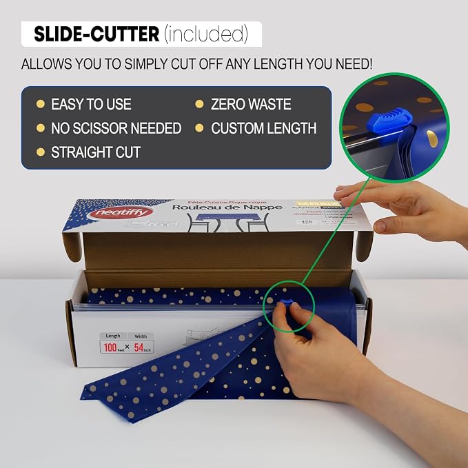Neatiffy Disposable Plastic Table Cloth Roll with Slide Cutter | Waterproof Cover for Rectangle, Square, Oval Tables | Picnic, Party, Banquet, Birthdays, Weddings - Blue with Gold Dots - Image 2