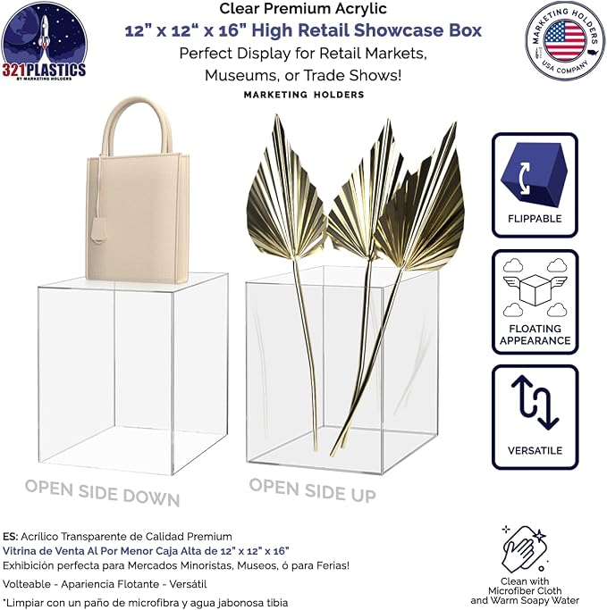 Marketing Holders 2 Pack 12" x 12" x 16" Clear Acrylic Display Box with One Open Side No Lid Versatile Tall Plastic Retail Product Riser Storage Bin or Wedding Floral Centerpiece Pedestal - Image 5