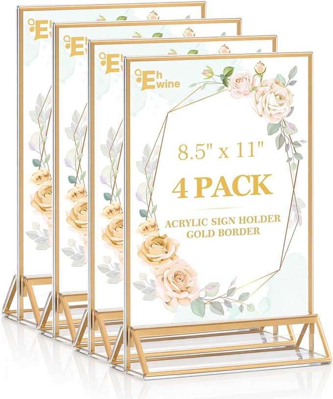 EHWINE 4 Pack Acrylic Sign Holder 8.5 x 11, Double Sided Gold Picture Frame Stand up Table Top Sign Holders, Clear Display Stand Menu Flyer Holder for Wedding Party (Provide Non-slip Mats) by EHWINE