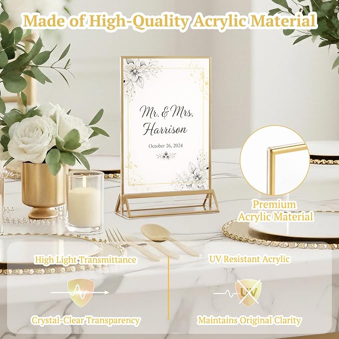 EHWINE 12 Pack 5x7 Gold Acrylic Sign Holders, Double-Sided Tabletop Stand | Clear Double-Sided Acrylic Display with Gold Border and Non-Slip Mats for Menus, Flyers, Photos, Weddings and Events - Image 2