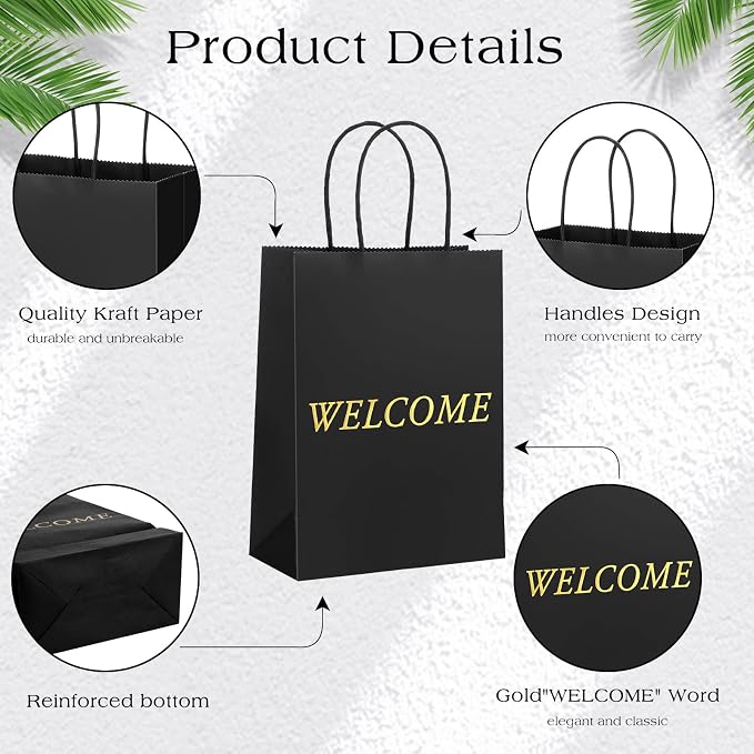 Jexine 100 Pcs Black Welcome Gift Bags 8 x 4 x 10 Inches Welcome Bags Bulk | Durable Kraft Paper Bags with Handles, for Wedding, Hotel Guests, Church Visitor, Retail Shopping, Party Favor Gift Packaging - Image 4