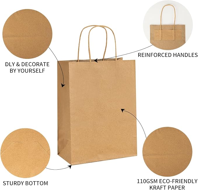 METAPRINT 50 PCS Custom Printed Kraft Paper Bags for Medium Business,8x4.5x10 Inch Medium Size, Personalized Retail Gift Bags with Logo, Brown White Shopping Paper bag with Handle, Goodie Bag - Image 3
