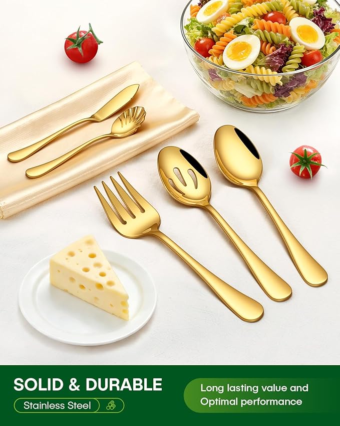 65 Piece Gold Silverware Set with Serving Utensils, Stainless Steel Flatware Set for 12 Food Grade Cutlery Utensil Set Include Knife Fork Spoon Mirror Polished Dishwasher Safe
