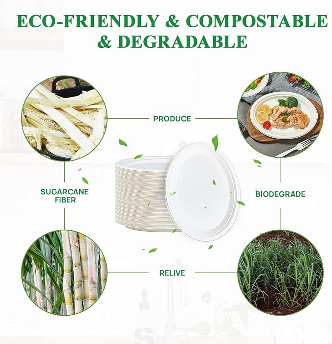 Vplus 100% Compostable Oval Paper Plates 10 inch 125 Pack, White | Super Strong, Disposable Paper Plates, Bagasse Natural Biodegradable, Sugarcane for BBQ, Party, Dinner, and Picnic - Image 3