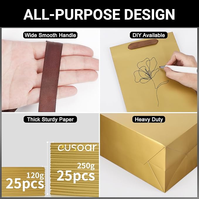 EUSOAR Paper Gift Bags, 25pcs 7.8"x3.9"x11" Gold Gift Wrap Bags with Handles Bulk, Merchandise Grocery Craft Retail Shopping Wedding Birthday Holiday Welcome Party Favor Thank You Gift Paper Bags - Image 3