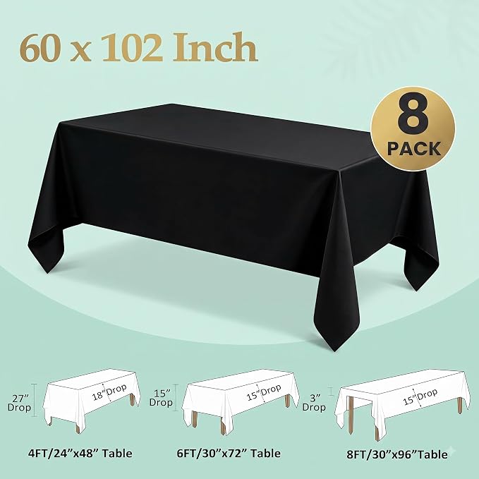 uGeo Black Tablecloths 8 Pack - 60 x 102 Inch Polyester Rectangular Tablecloth - Wrinkle Resistant & Washable Fabric Table Cover for 6 Foot Tables, Weddings, Parties, Dining, Buffets - Image 2