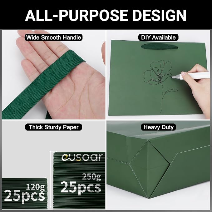 EUSOAR Paper Gift Bags, 25pcs 10.6"x3.1"x8.3" Gift Wrap Bags with Handles Bulk, Business Merchandise Grocery Retail Shopping Paper Bags Sacks Wedding Birthday Christmas Holiday Party Favors - Image 3
