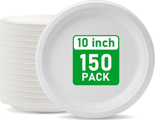 RACETOP Compostable Paper Plates 10 Inch [150 Pack] | Unbleached White, Disposable Biodegradable Heavy Duty Paper Plates, Made of Natural Sugarcane Fibers, Round by RACETOP