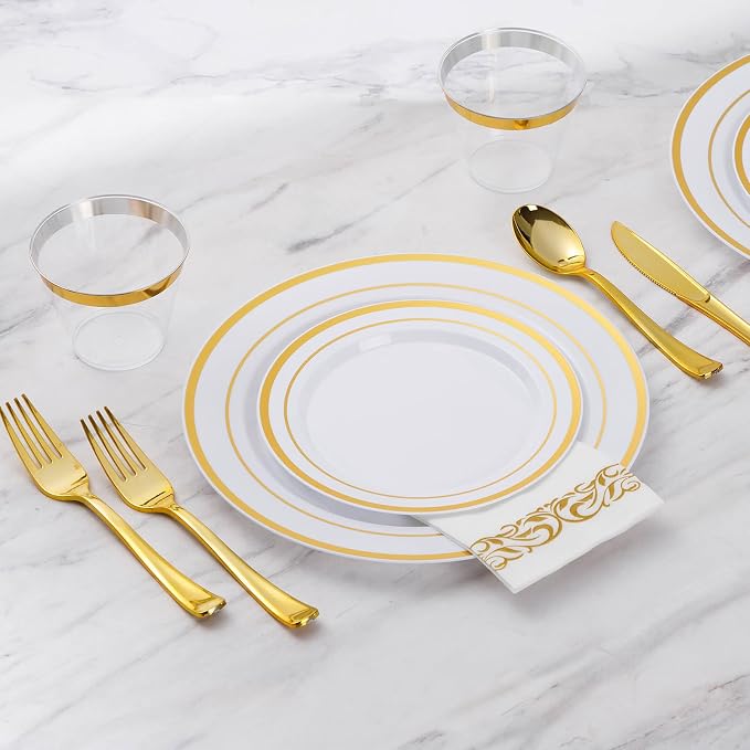 Goodluck 875 Piece Gold Dinnerware Set for 125 Guests, Bulk Dinnerware | Include: 125 Gold Rim Dinner Plates, 125 Dessert Plates, 125 Paper Napkins, 125 Cups, 125 Plastic Silverware Sets for Party - Image 7