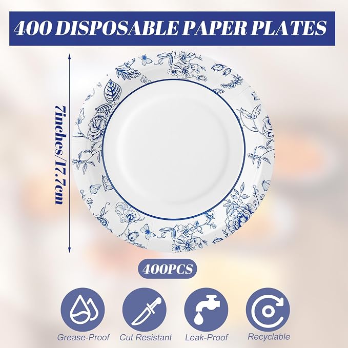 FillTouch 400 Pack 7 Inch Disposable Paper Plates for Everyday Use Soak Proof Heavy Duty Small Paper Plates for Dinner Picnic, Cut Proof Plate for Holiday Party Family Gatherings (Blue Flower) - Image 3