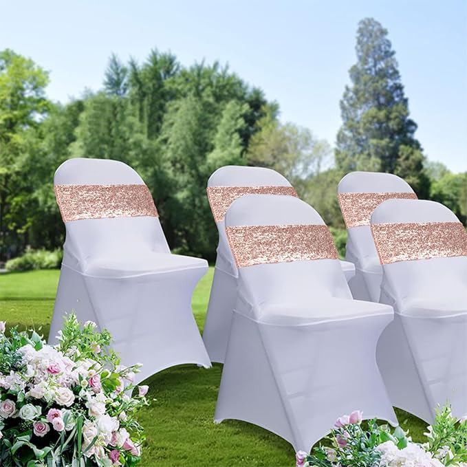 Sequin Rose Gold Chair Sashes 50 Pack, Pink Gold Chair Bows for Party Folding Chairs Decorations, Chairs Bands with Buckles for Wedding Fiestas Decor - Image 2
