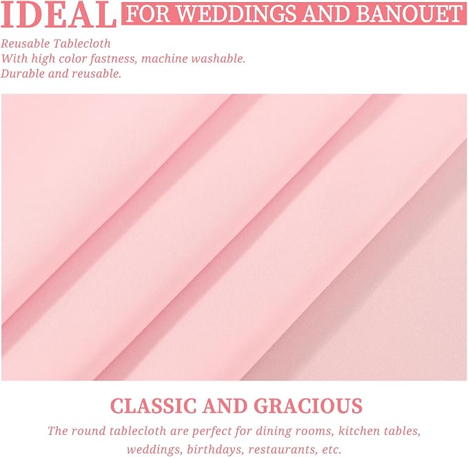 Showgeous 4 Pack Pink Polyester 120 Inch Round Tablecloths | Soft polyester, wrinkle resistant, fade resistant, smooth finish, fine stitching, folded hems, reusable, machine washable - Image 5