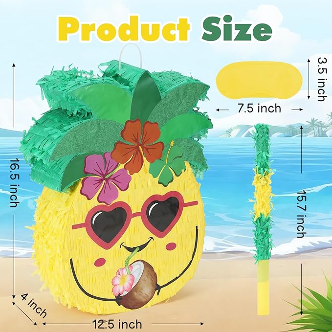 Pineapple Pinatas Bundle with a Blindfold and Bat (15.4x13x4 Inches), Perfect for Summer Beach Theme Birthday Party Supplies, Hawaiian Tropical Fruit Party Decoration Games