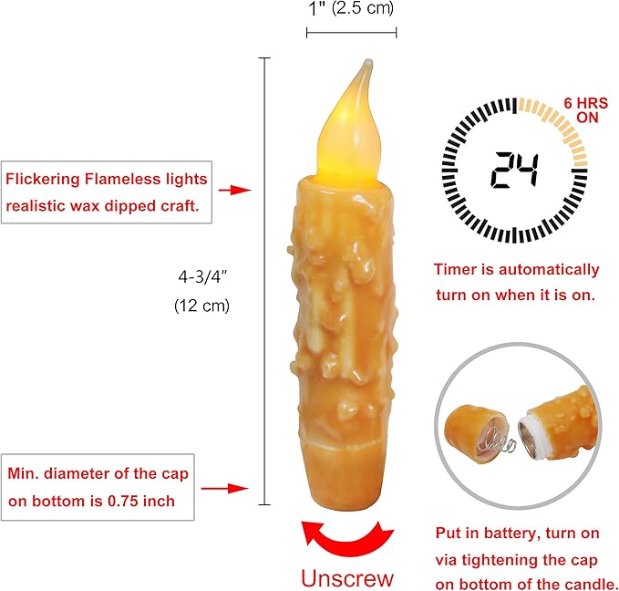 CVHOMEDECO. Real Wax Hand Dipped Battery Operated LED Timer Taper Candles Rustic Primitive Flameless Lights Decor, 4-3/4 Inch, Orange, 6 PCS in a Package