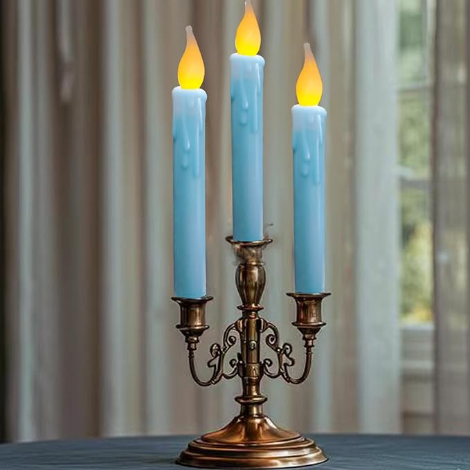 LINCOUNTRY.Primitive Wax Blue Battery Operated Taper Candles Flickering Flameless Taper Candles with Timer,Dripped Led 6.75 inch Candlesticks for Christmas Halloween Home Party Decor,2 pcs