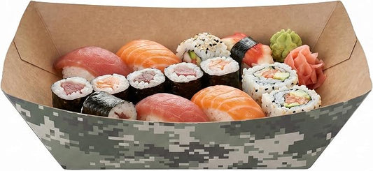 Restaurantware-Bio Tek 1 Pound Food Trays, 50 Disposable Paper Food Trays - Heavy-Duty, Greaseproof, Camouflage Paper Food Boats, For Snacks, Appetizers, Or Treats, Use At Parties Or Carnivals by Restaurantware