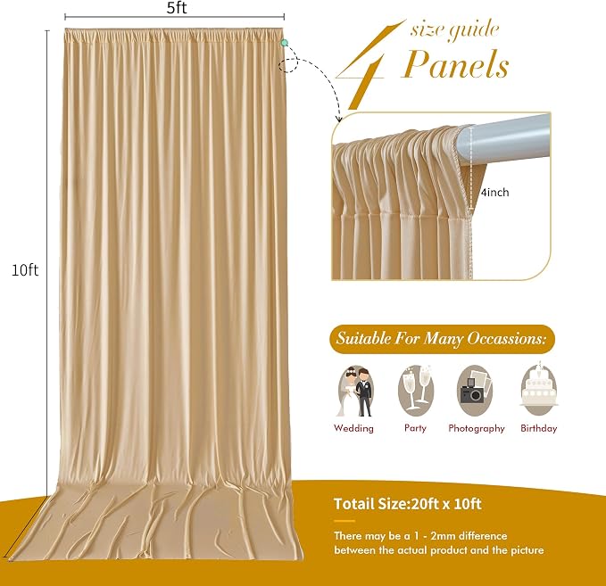 20 ft x 10 ft Wrinkle Free Champagne Backdrop Curtain for Parties, 4 Panels 10ft Polyester Champagne Photo Backdrop Drapes for Graduation Birthday Wedding Party Stage Curtains - Image 7