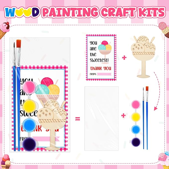 Leinuosen 28 Sets Ice Cream Party Favors Wood Painting Craft DIY Kits with Art Supplies and Inspirational Cards for Summer Birthday Party Valentines Day Prizes Exchange