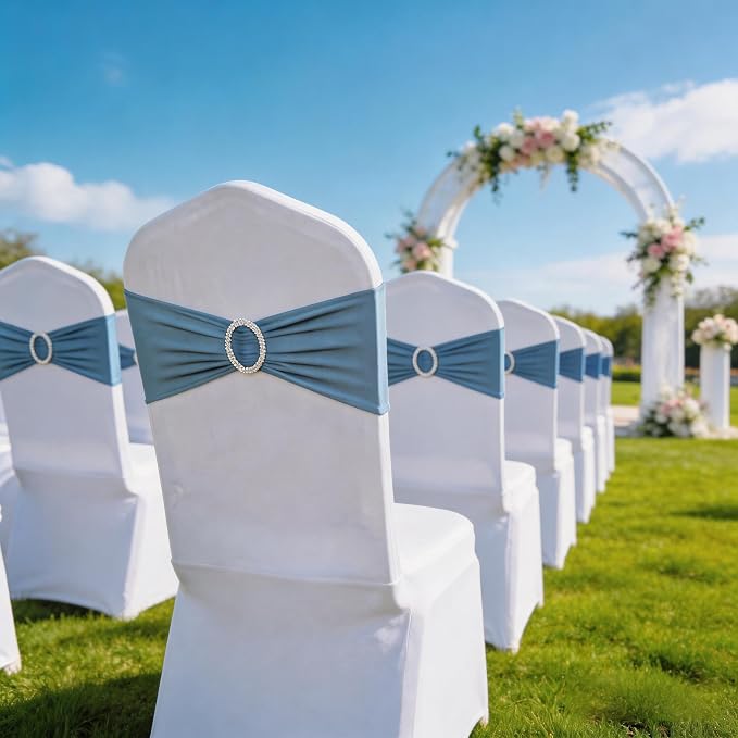 Spandex Dusty Blue Chair Sashes 100 Pack for Wedding Party Decorations, Elastic Chair Bands Bows for Party, Without White Chair Covers (Dusty Blue) - Image 5