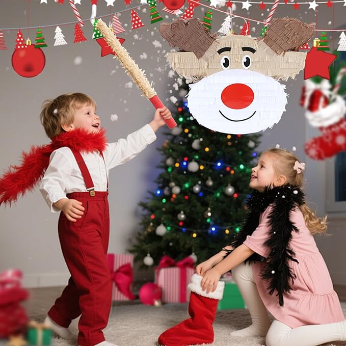 Christmas Reindeer Pinatas Bundle with a Blindfold and Bat (Small Size 16.5 x 12 x4 Inches), Holiday Theme Piñata, Christmas Party Supplies, Xmas Piñata, Party Decoration Games
