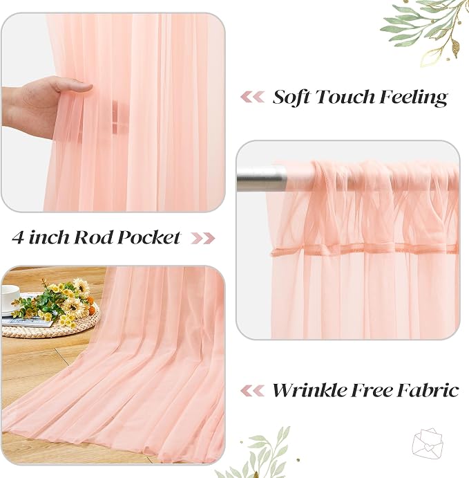10ft x 8ft Peach Backdrop Curtain with Lights String for Parties, Sheer Tulle Wedding Photo Backdrops Drapes for Baby Shower Birthday Party Decorations Background for Photography - Image 4