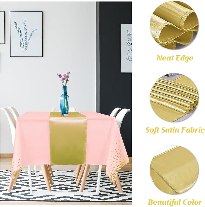 16Pack Disposable Plastic Tablecloths and Satin Table Runner Set Pink and Gold Dot Tablecloth Gold Satin Table Runner for Wedding Birthday Baby Shower Anniversary Christmas New Year Party Supplies - Image 3