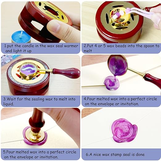 Wax Seal Kit, 24 Colors Sealing Beads, 2 Pcs Stamp,Sealing Wax Warmer, Metallic Pen, Envelope,Dried Flower,Candles for Wedding Birthday Gift and DIY Craft