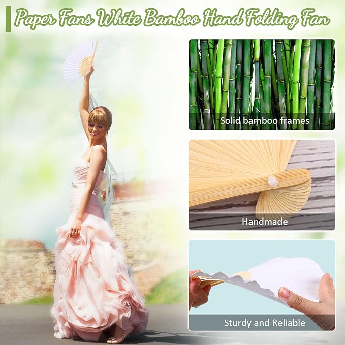 Qunclay 80 Pcs Paper Hand Fans Bulk 8.3 Inch White Bamboo Folding Fans | Blank DIY Painting Surface, Wedding Party Favors, Photography Props, Home Decor, Reusable Handheld at Events and Gifts - Image 3