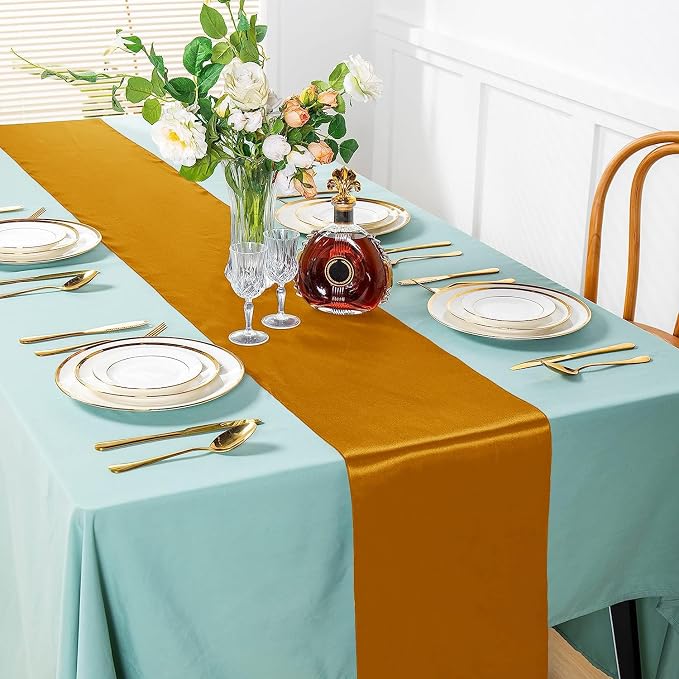 SI Pack of 15 Wedding 12 x 108 inch Satin Table Runner for Wedding, Decorations for Graduations, Engagements, Birthday Parties, Banquets, Runners fit Rectangle, Round Table - Caramel - Image 2