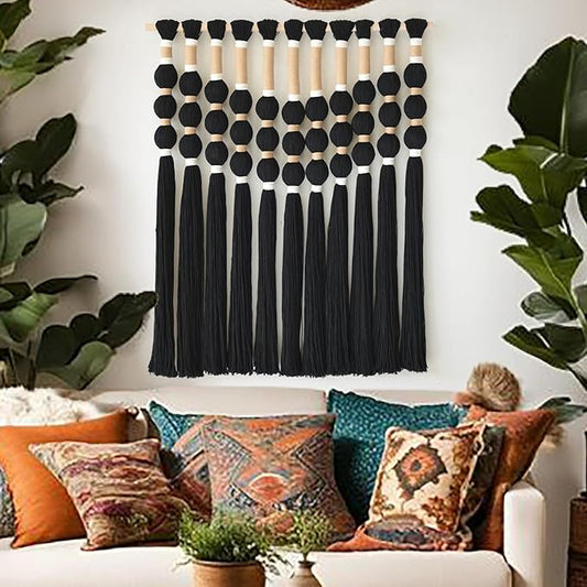 Macrame Wall Hanging Boho Wall Decor Black Fiber Yarn Wall Art Handmade Cotton Spherical Knot for Living Room Bedroom Nursery Office Home Decor27" W x 33" L