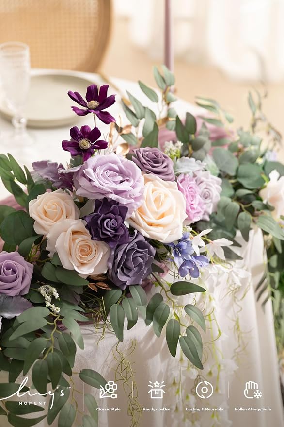 Ling's moment Purple Eucalyptus Flower Garland Wedding Arch 9 FT | Lilac Rose, Artificial Greenery, Sweetheart Table Decor, Floral Garland for Mantle, Centerpieces, Backdrop - Image 3