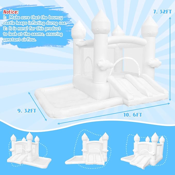 White Bounce House, Bounce House for Kids 3-6 with Double Slides, Bouncy House with Ball Pit Blower Included, Bouncy Castle IndoorOutdoor, 10.5ft L x 9.3ft W x 7.3ft H, Nice Choice for Party