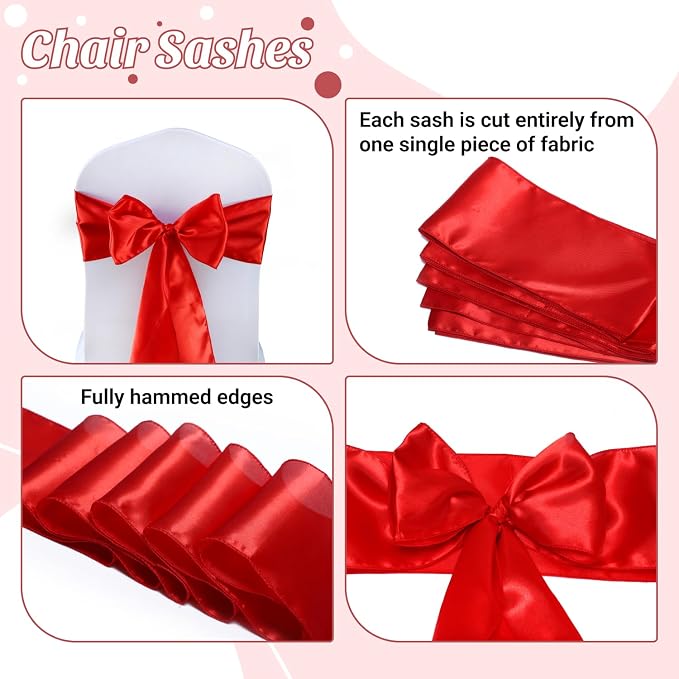 VDS Satin Chair Sashes Chair Cover Back Tie Sateen Bows Ribbon for Wedding Birthday Graduation Engagement Ceremony Event Party Banquet Venue Hotel All Dining Chair Decoration (25PC) (Red) - Image 5