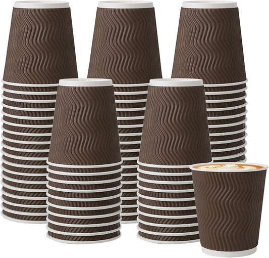 BYSNOW 150 Pack 8 oz Coffee Cups, Insulated Disposable Hot Paper Cups | Corrugated Ripple Wall Leakproof Drink Cups Without Lids Brown for Hot/Cold Beverages, Office, Home, Travel, Cafe, Party by BYSNOW
