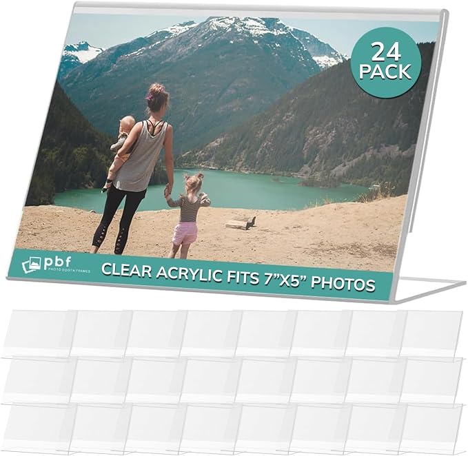 pbf 7x5 Acrylic Sign Holder | 7 x 5 Horizontal Stand Up Slanted Sign Holder | Acrylic Stands for Display | Clear Picture Frame, Menu Table Top Stand, Plastic Flyer Holder (24-Pack) by pbfPHOTOBOOTHFRAMES