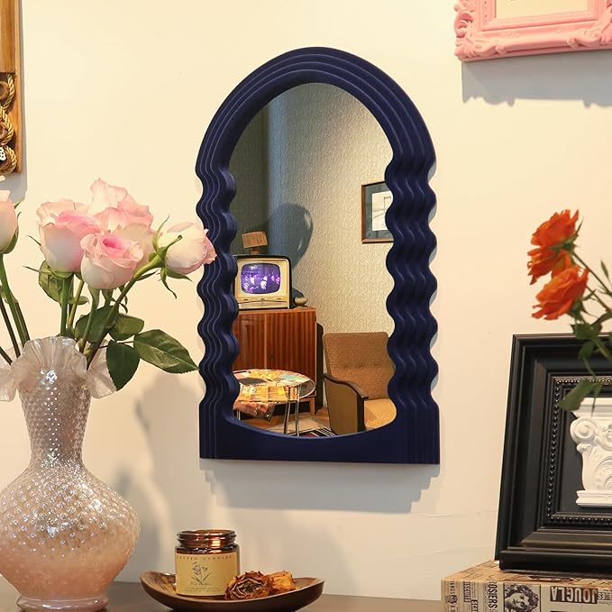 Small Wavy Wall Mirror Living Room Decor, Irregular Decorative Mirrors with Flocking Touch, Modern Squiggly Mirror for Bedroom Hallway Entryway Game Room Decoration (Dark Blue)