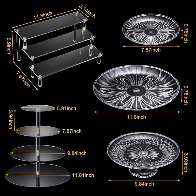 6 Pcs Acrylic Dessert Stands Set Include Display Risers Cupcake Tower and Clear Round Dessert Trays Cake Table Holder for Wedding Baby Shower Decoration(Novel Style) - Image 3
