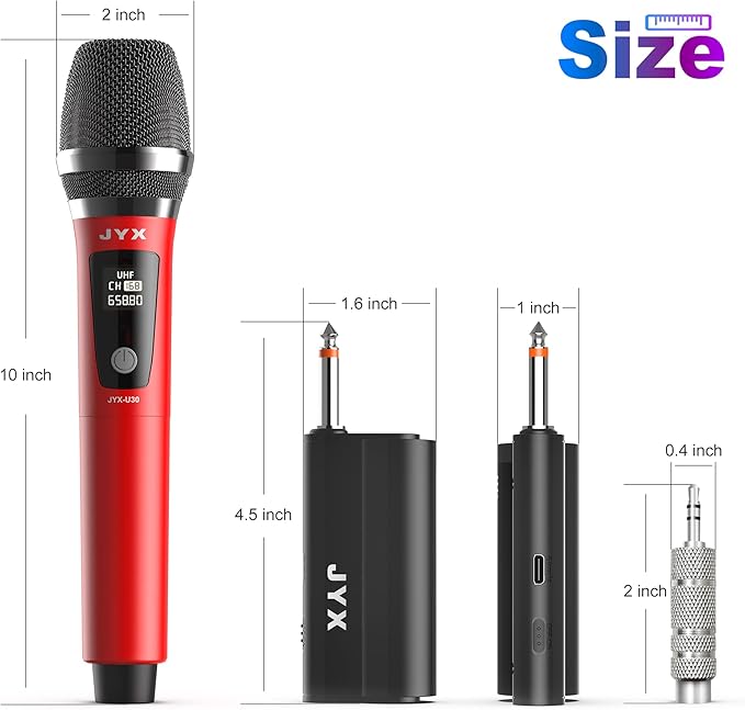 JYX PartyBox Wireless Microphone, Dual UHF Handheld Dynamic Mic with Receiver, 6.35mm(1/4") Output, 3.5mm(1/8") Adapter, Clear Voice, Rechargeable Battery Karaoke Mics Compatible with All Speakers
