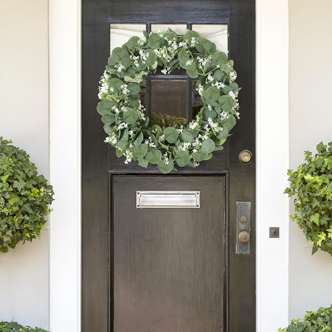 KHOYIME Eucalyptus Garland with White Flowers, 2 Packs 5.9Ft Artificial Silver Dollar Eucalyptus Leaves Plant Fake Greenery Hanging Ivy Vines Faux Wreath for Wedding Arch Party Mantle Table Home Decor | KHOYIME Faux Silver Dollar Eucalyptus Leaves Fake... - Image 7