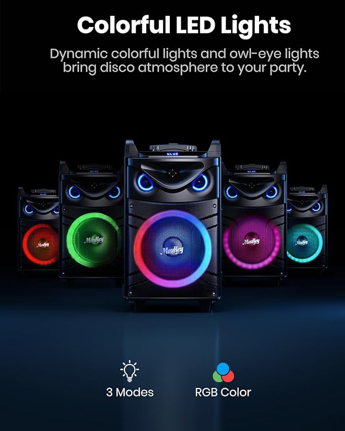 Moukey Karaoke Machine, 12" Woofer PA System, Portable Bluetooth Speaker with 2 Wireless Microphones, Party Lights and Echo/Treble/Bass Adjustment, Supports TWS/REC/AUX IN/MP3/USB/TF/FM - MTs12-1