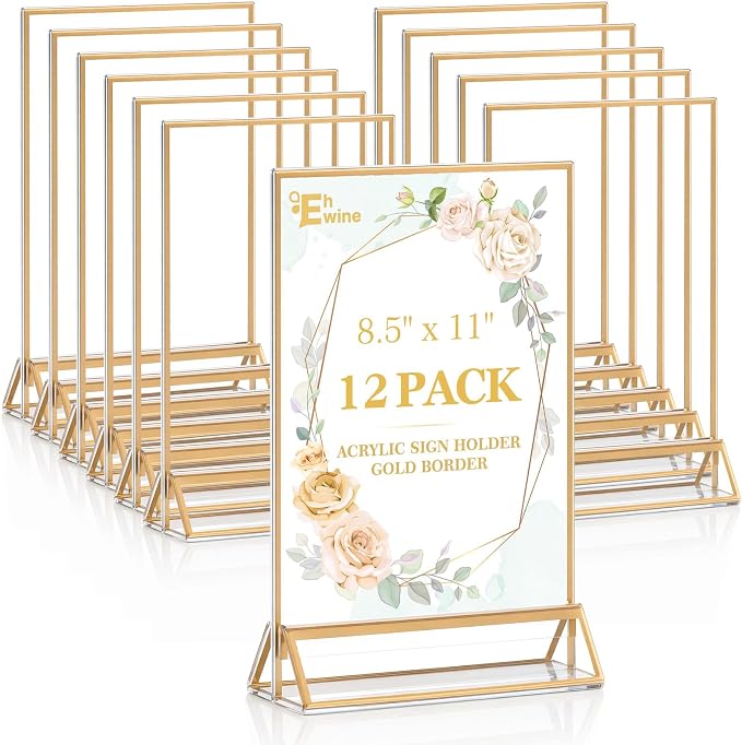 EHWINE 12 Pack Acrylic Sign Holder 8.5 x 11, Double Sided Gold Picture Frame Stand up Table Top Sign Holders, Clear Display Stand Menu Flyer Holder for Wedding Party (Provide Non-slip Mats) by EHWINE