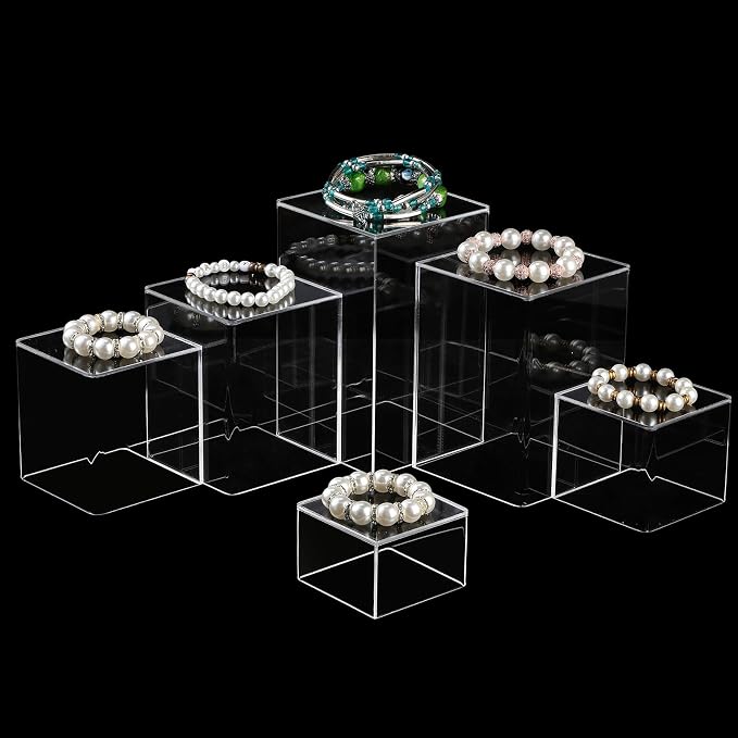 Thyle Jewelry Acrylic Risers Square Cube Display Nesting Risers Figure Stand with Hollow Bottoms Display Stand Shelf for Cosmetics Food Collectibles Perfume, 6 Sizes(Clear,12) - Image 5