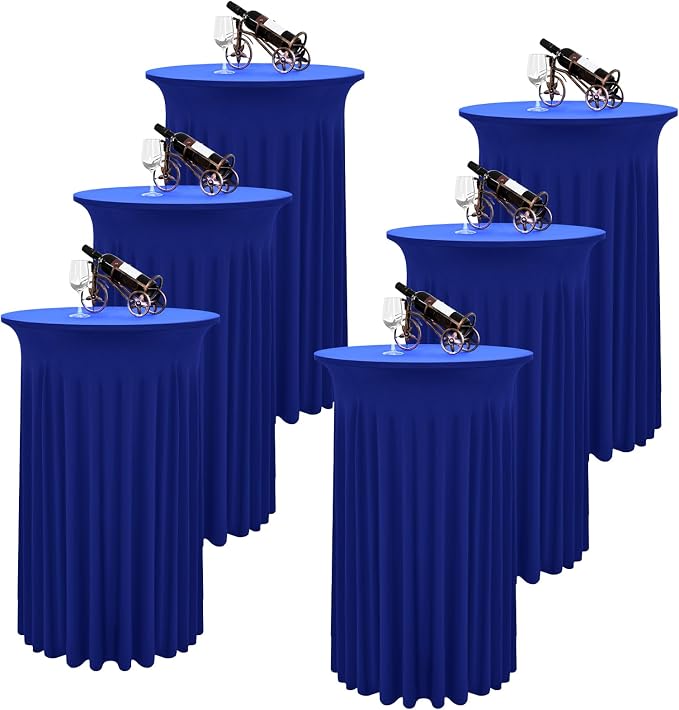 6 Packs Royal Blue Round Cocktail Table Skirt 32"x 43" | Spandex Stretch Cocktail Tablecloth with Wavy Drapes, Fitted High Top Table Covers for Wedding Bar Party Birthday by REWOMC