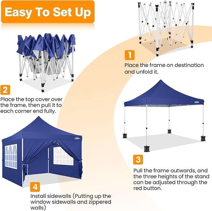 COBIZI 10x10 Pop Up Canopy with 4 Sidewalls, Canopy Tent 10x10 for Parties, Backyard, Commercial, Waterproof and Portable Instant Shelter UV50+ Outdoor Gazebo with 4 Sandbags(Deep Blue)